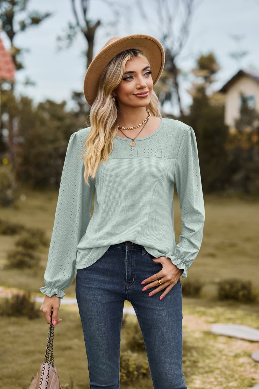 Round Neck Puff Sleeve Blouse - Classique Collection