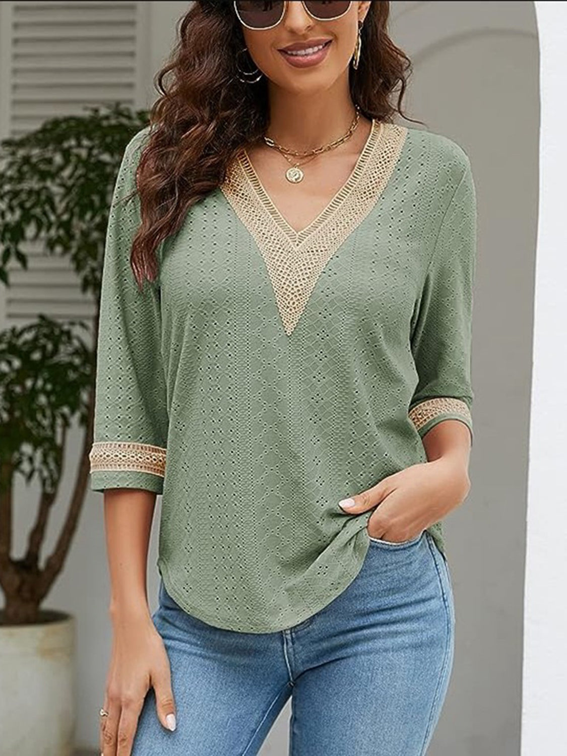 V-Neck Eyelet Blouse - Classique Collection