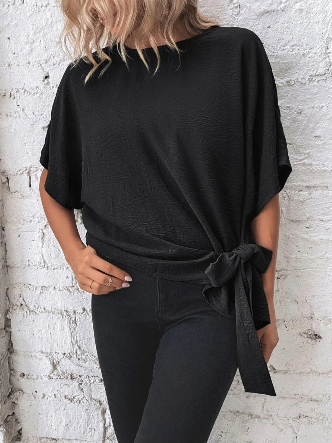 Knotted Round Neck Half Sleeve Blouse - ClassiQ