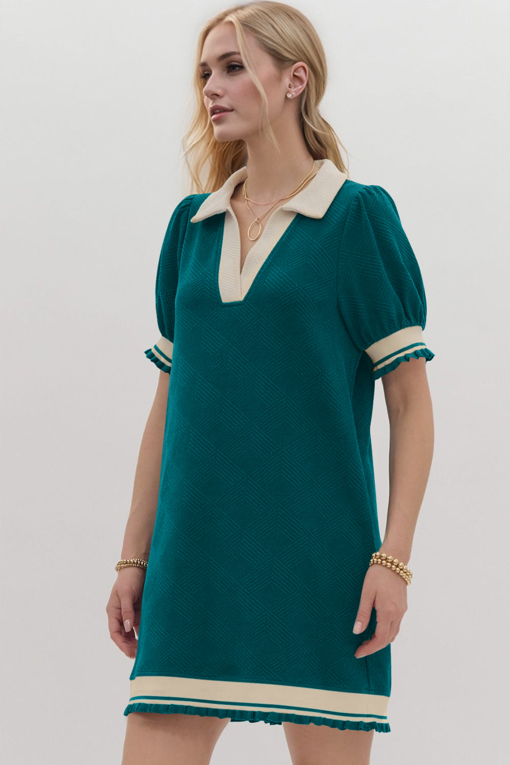 Oh Frill Contrast Trim Johnny Collar Short Sleeve Mini Dress - Classique Collection
