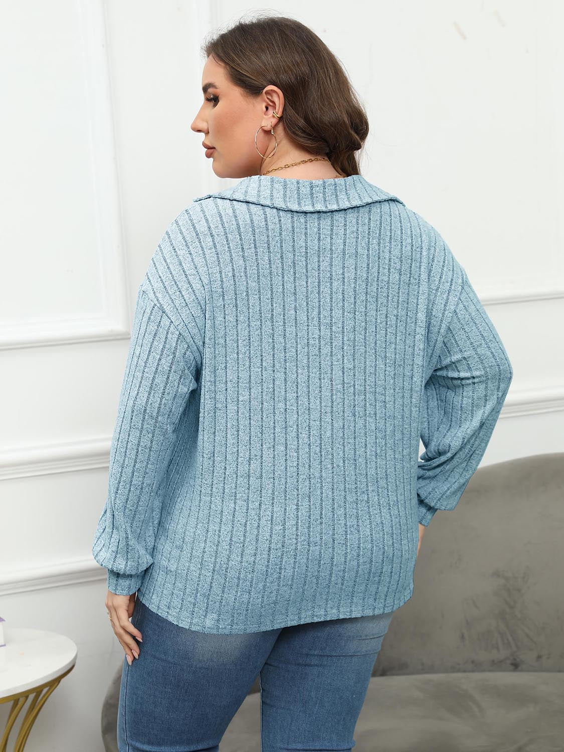 Plus Size Ribbed Collared Neck Long Sleeve Blouse - Classique Collection