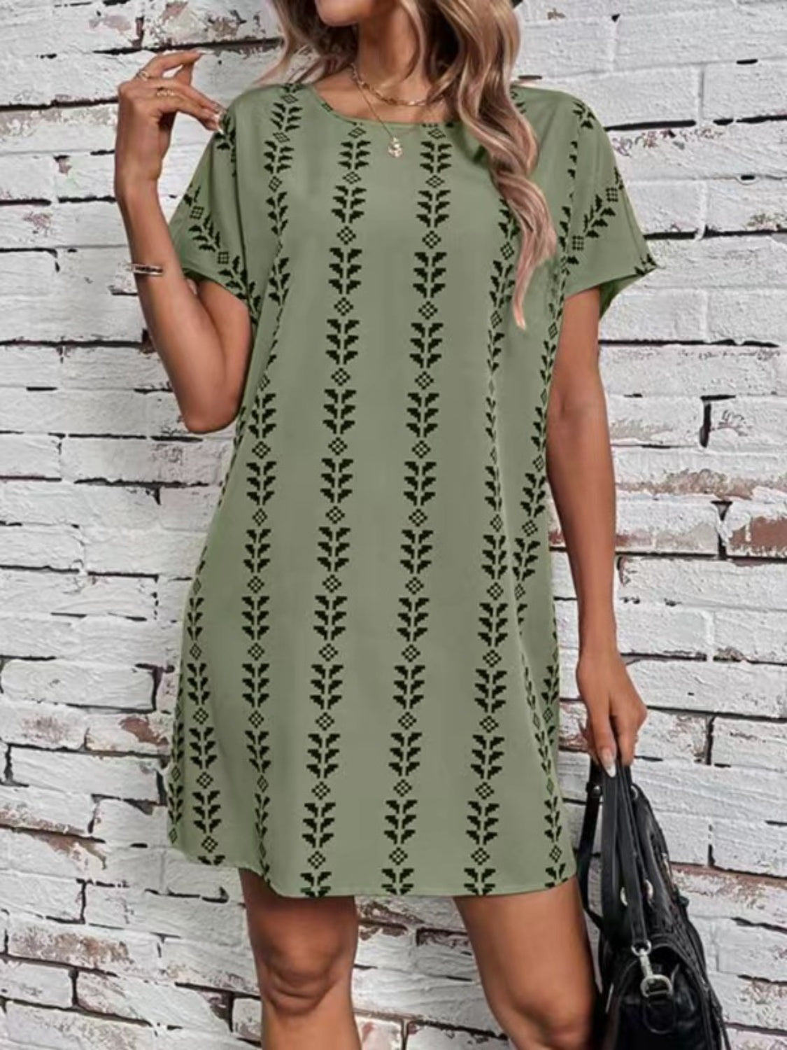 Printed Round Neck Short Sleeve Dress - Classique Collection