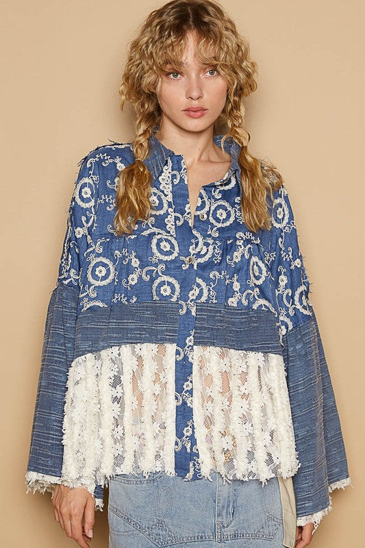 POL Lace Hem Embroidered Long Sleeve Shirt - Classique Collection