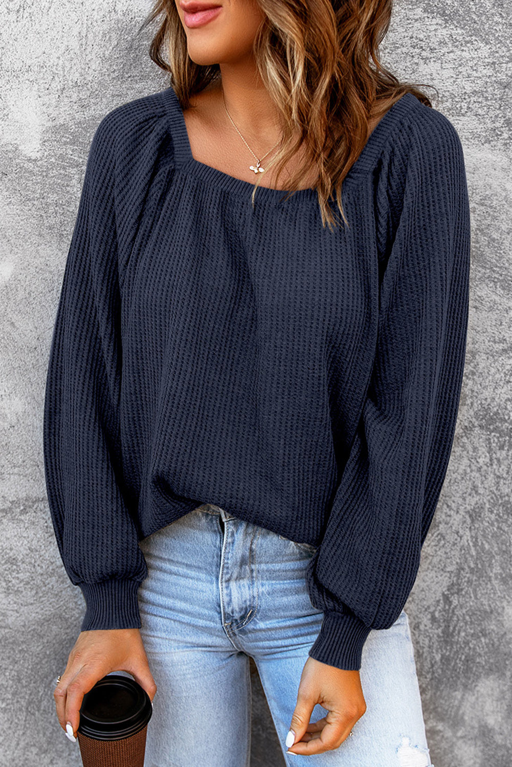 Square Neck Waffle-Knit Top - Classique Collection