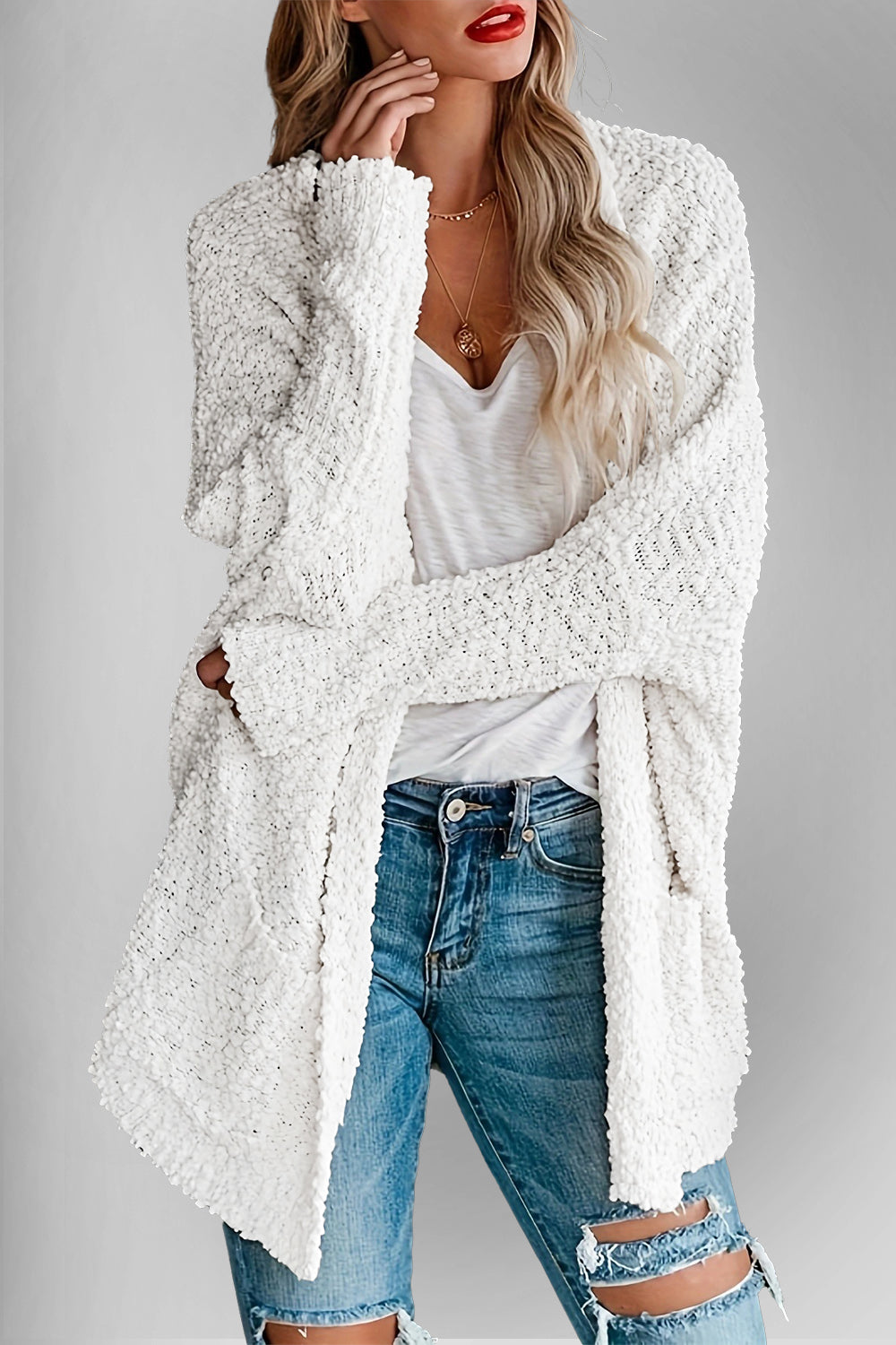 Double Take Pocketed Open Front Long Sleeve Cardigan - ClassiQ