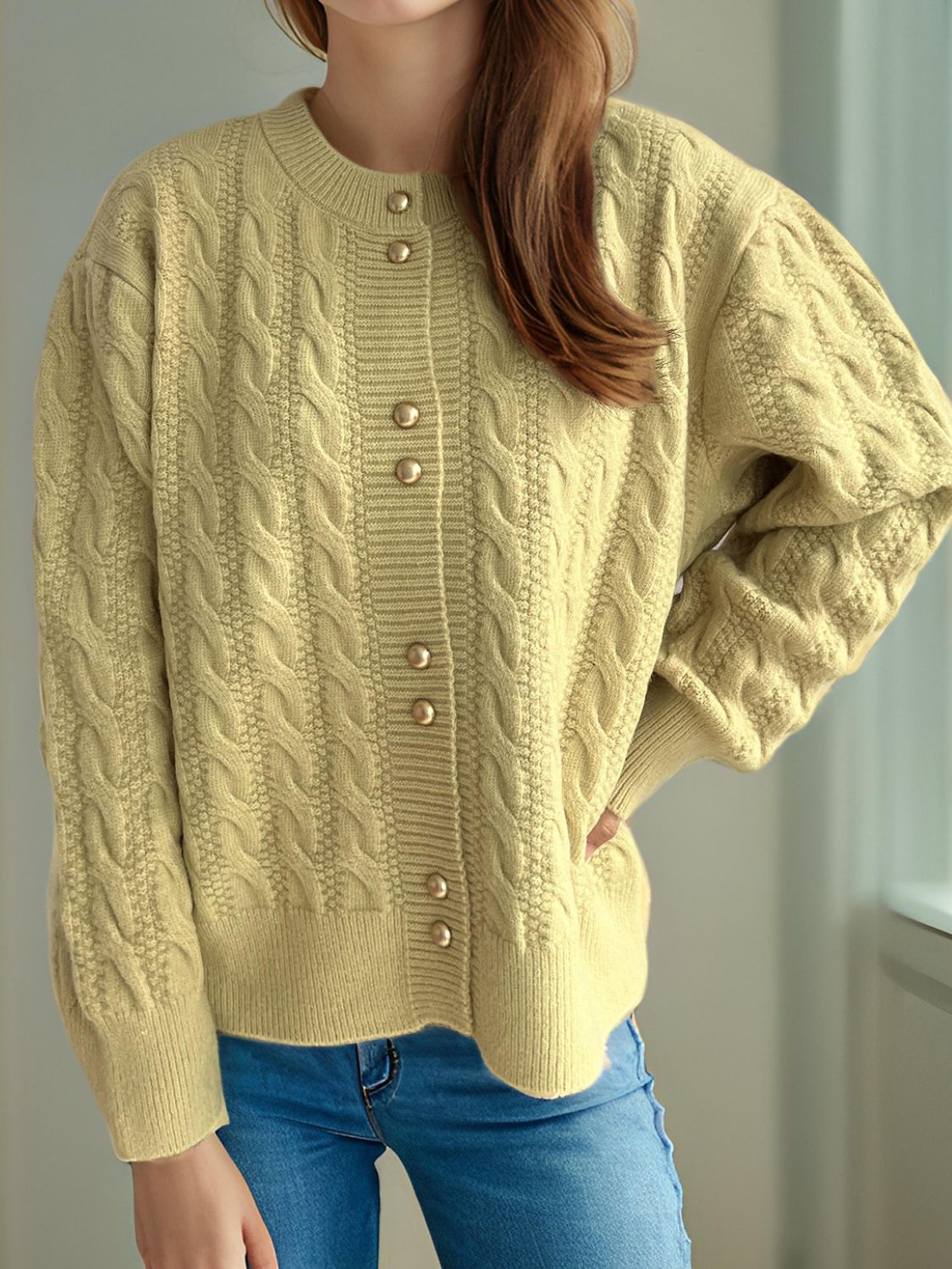 Cable-Knit Round Neck Long Sleeve Cardigan - ClassiQ