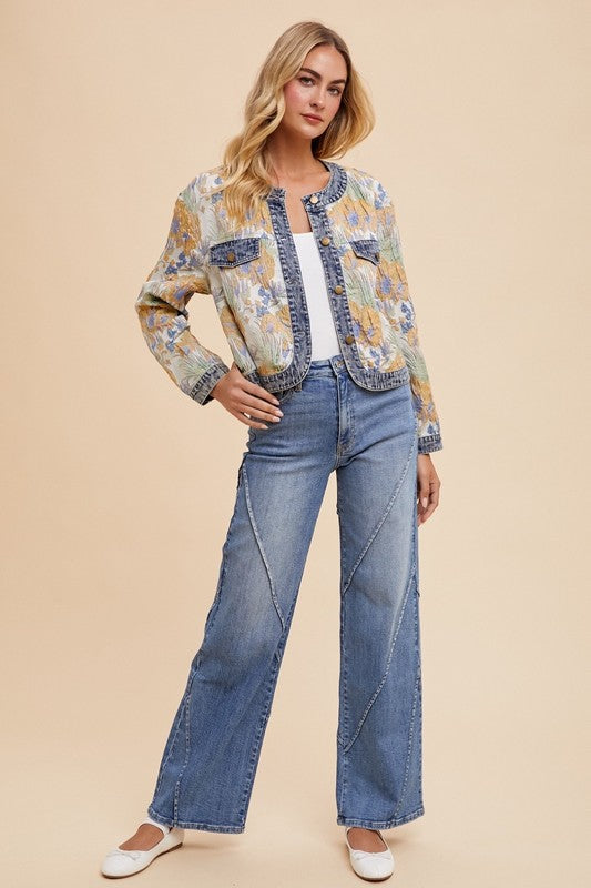 Annie Wear Floral Jacquard Denim Contrast Button Down Jacket - ClassiQ