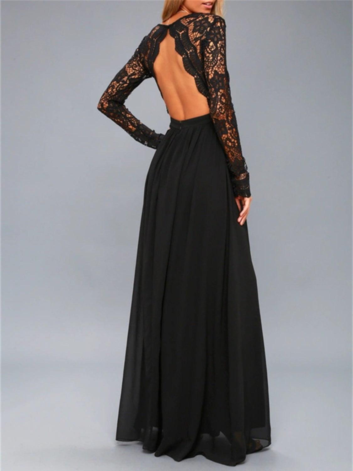 Lace Detail Backless Long Sleeve Maxi Dress - Classique Collection