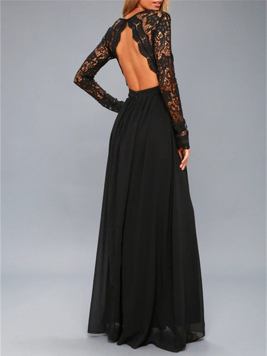 Lace Detail Backless Long Sleeve Maxi Dress - Classique Collection