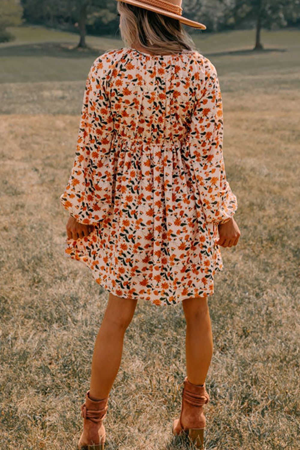 Smocked Printed V-Neck Long Sleeve Dress - Classique Collection