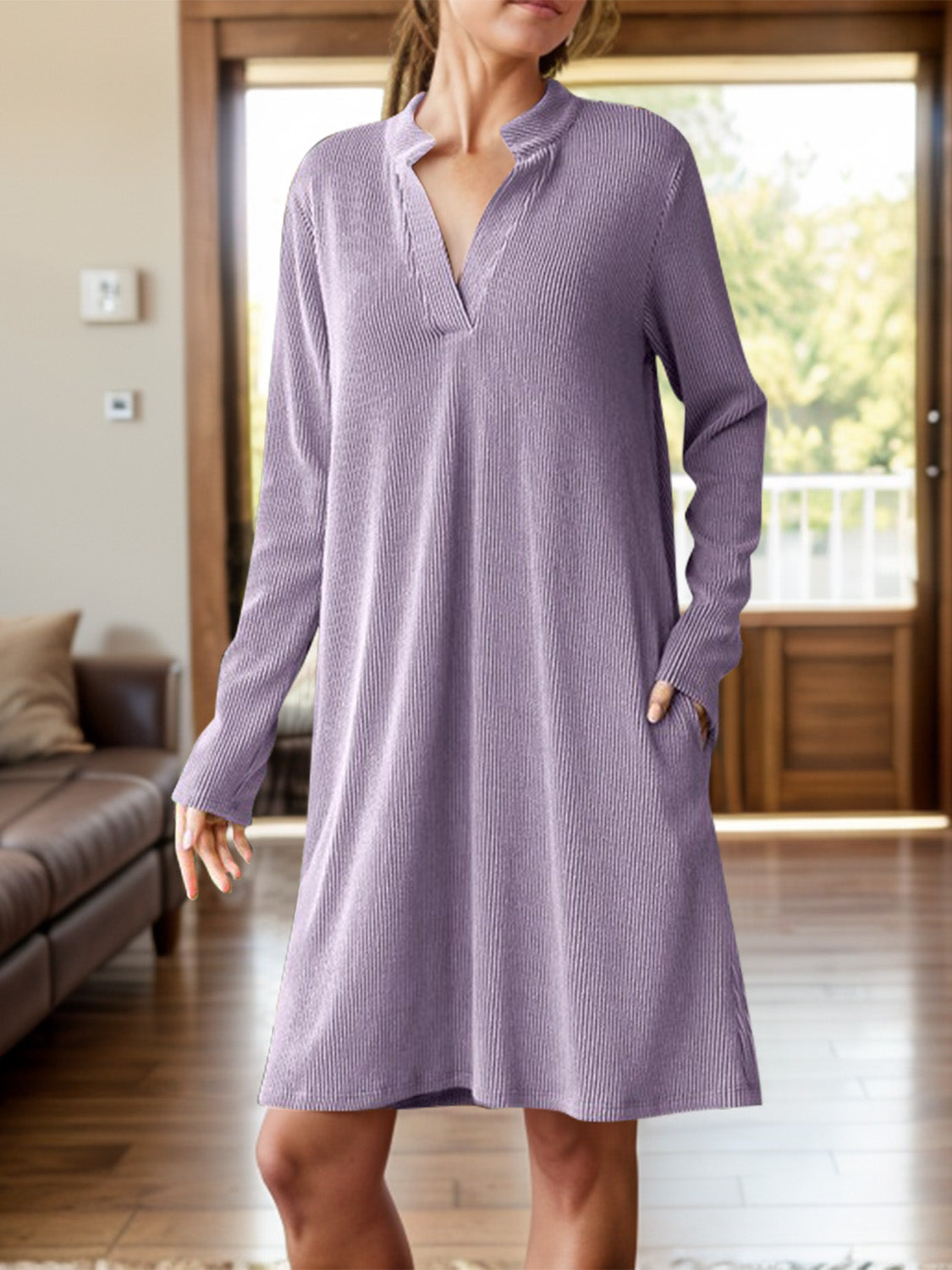 Notched Long Sleeve Mini Dress with Pockets - Classique Collection