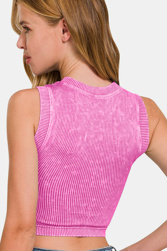Zenana Washed Ribbed Seamless Crop Tank with Bra Pad - Classique Collection