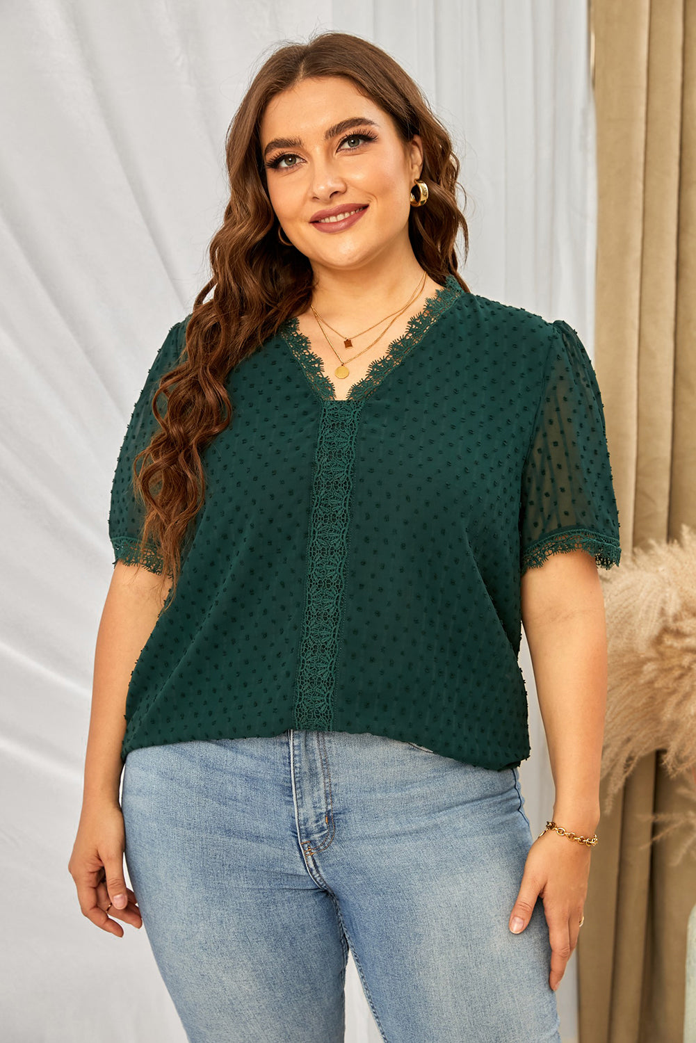 Plus Size Swiss Dot Spliced Lace V-Neck Blouse - Classique Collection