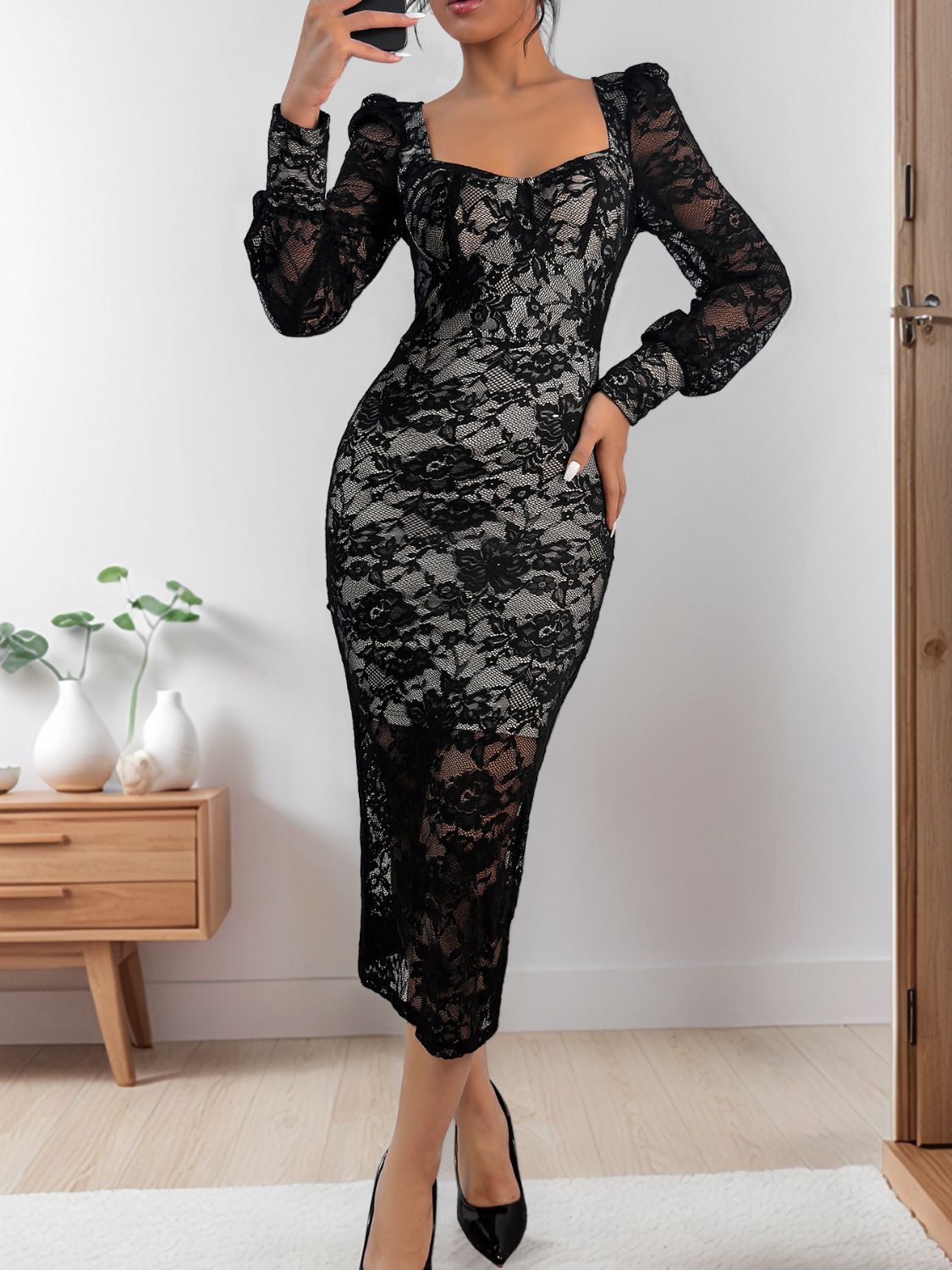 Perfee Lace Sweetheart Neck Long Sleeve Midi Dress - Classique Collection