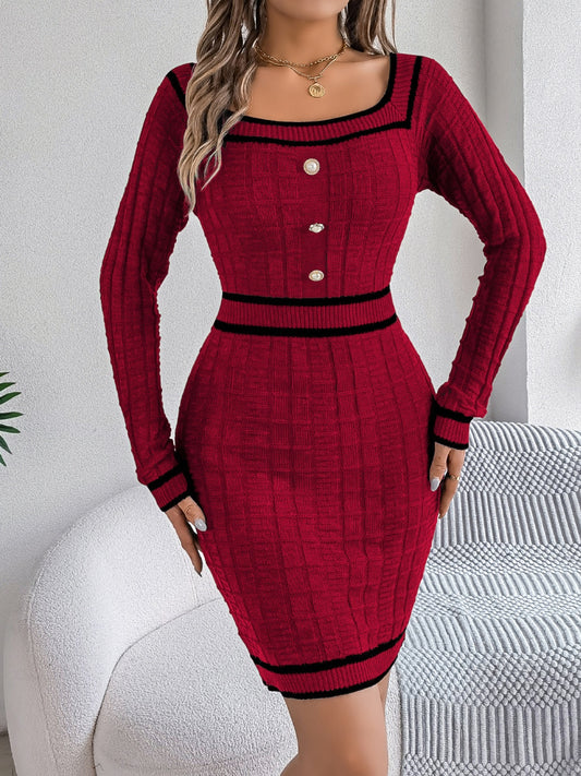 Contrast Trim Long Sleeve Sweater Dress - Classique Collection