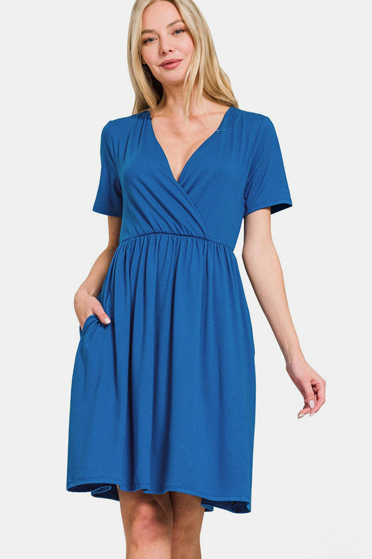 Zenana Surplice Short Sleeve Brushed DTY Dress - Classique Collection
