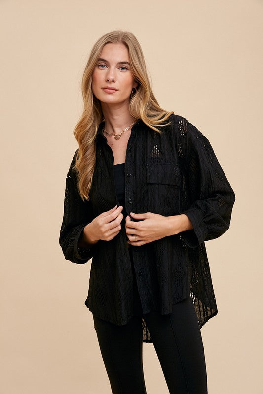 Annie Wear Openwork Button Down Drop Shoulder Shirt - ClassiQ