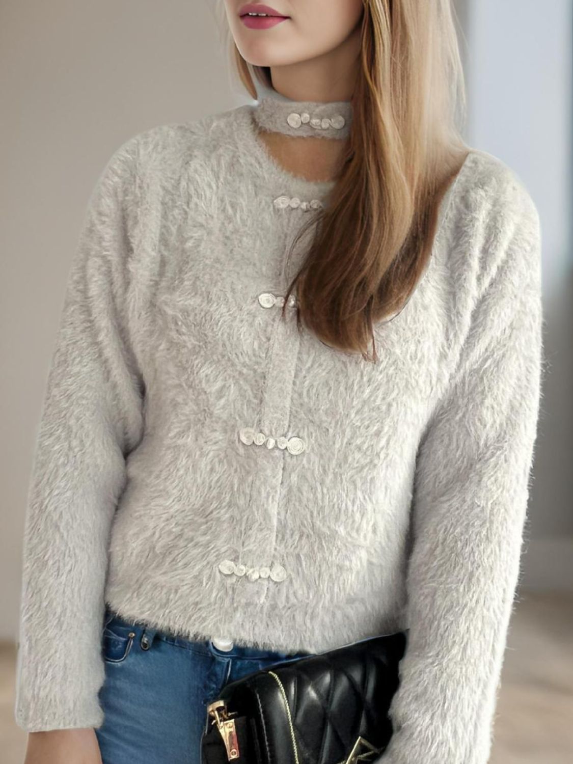 Cutout Knot Button Long Sleeve Cardigan - ClassiQ