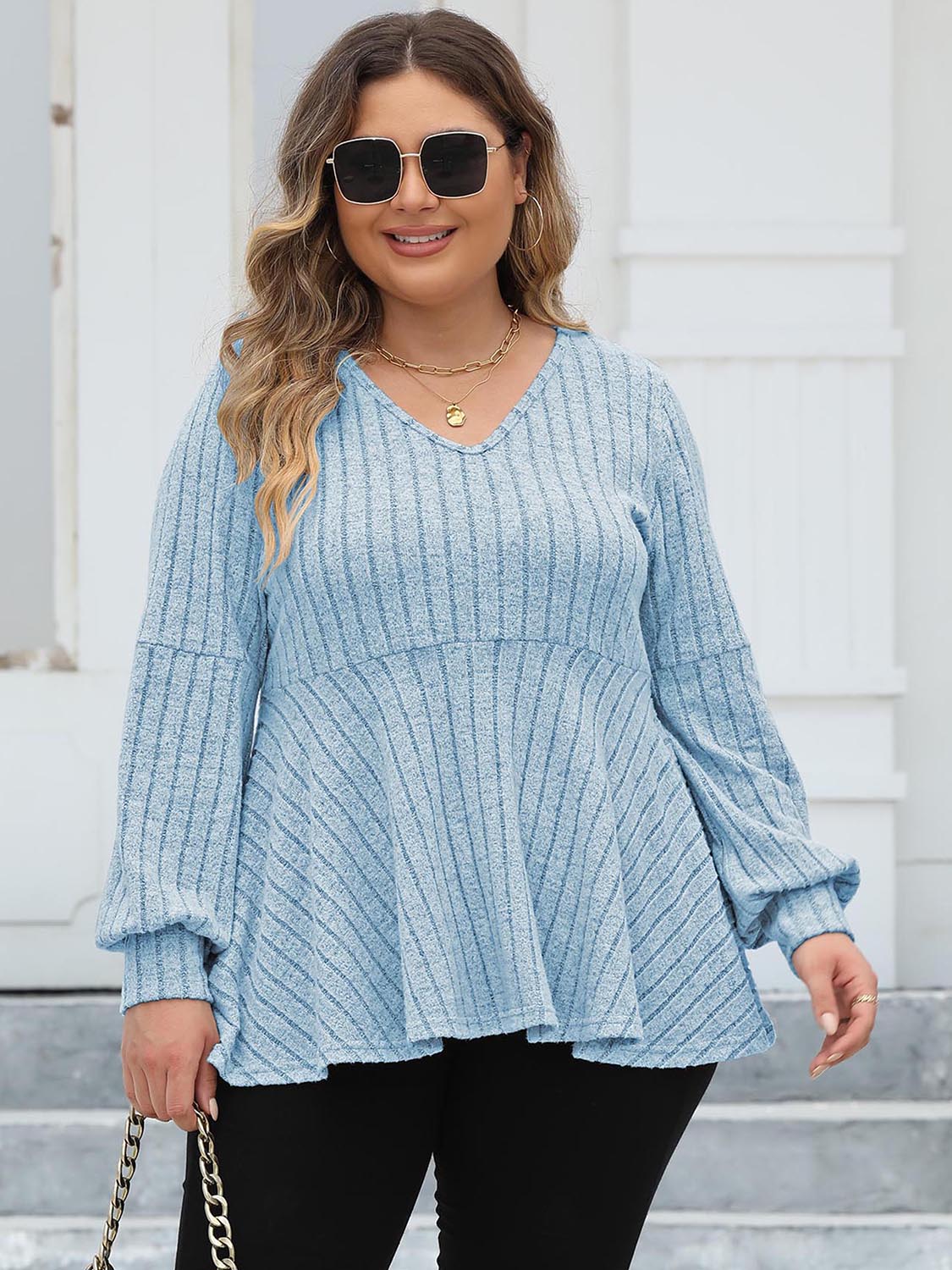 Plus Size Ribbed V-Neck Long Sleeve Blouse - Classique Collection