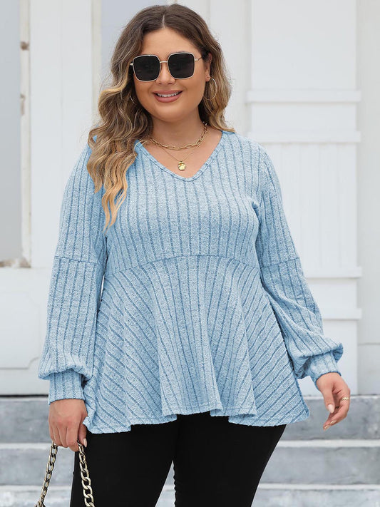 Plus Size Ribbed V-Neck Long Sleeve Blouse - Classique Collection