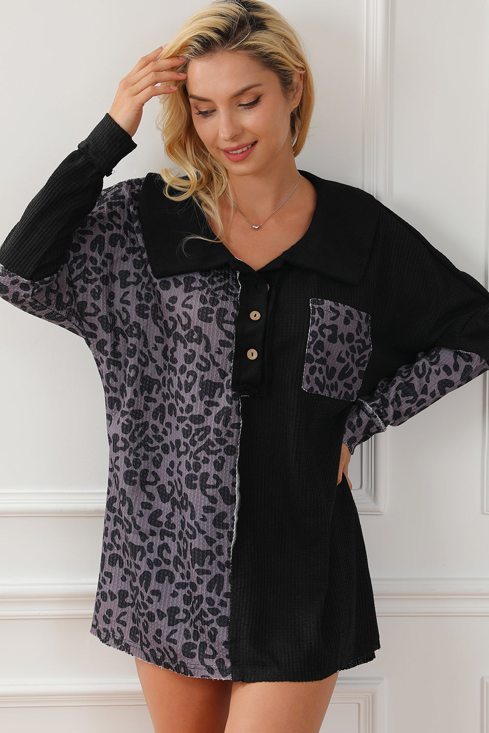 Half Button Leopard Collared Neck Blouse - Classique Collection
