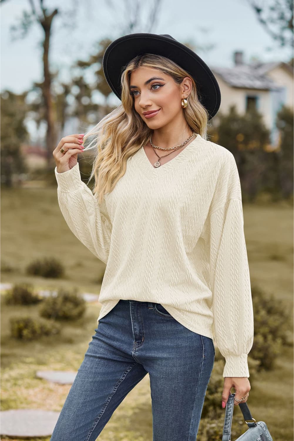 V-Neck Dropped Shoulder Blouse - Classique Collection