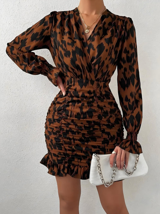 Ruched Ruffled Leopard Surplice Long Sleeve Dress - Classique Collection