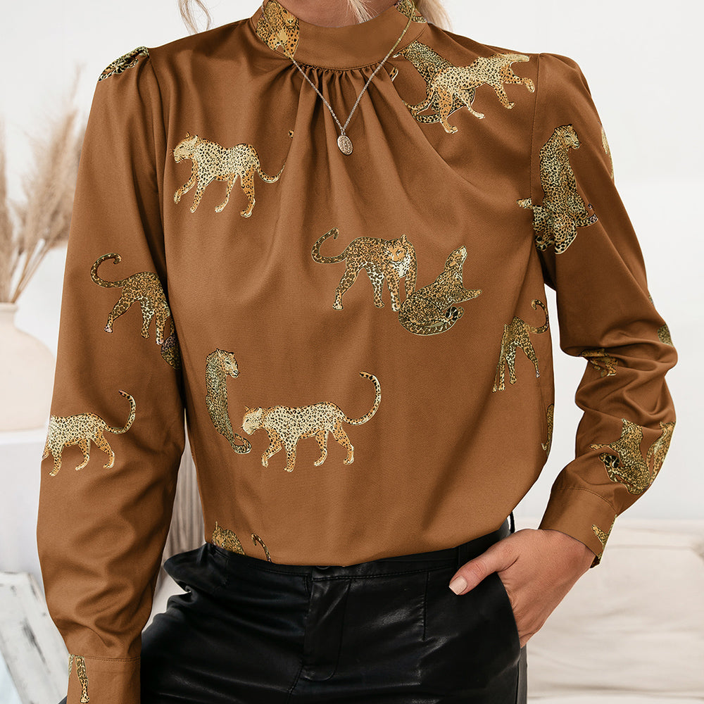 Ivy Lane Leopard Graphic Mock Neck Puff Sleeve Blouse - Classique Collection