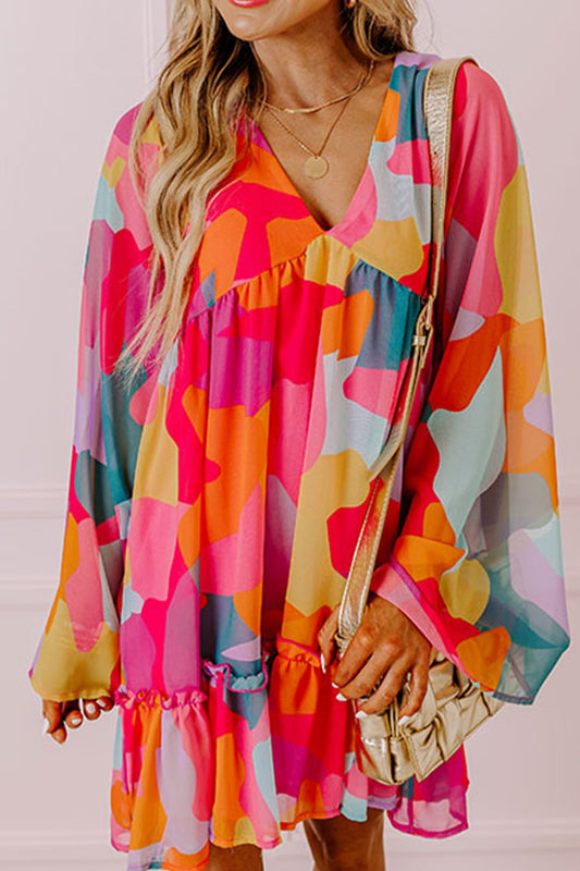 Ruffle Hem Color Block V-Neck Long Sleeve Mini Dress - Classique Collection