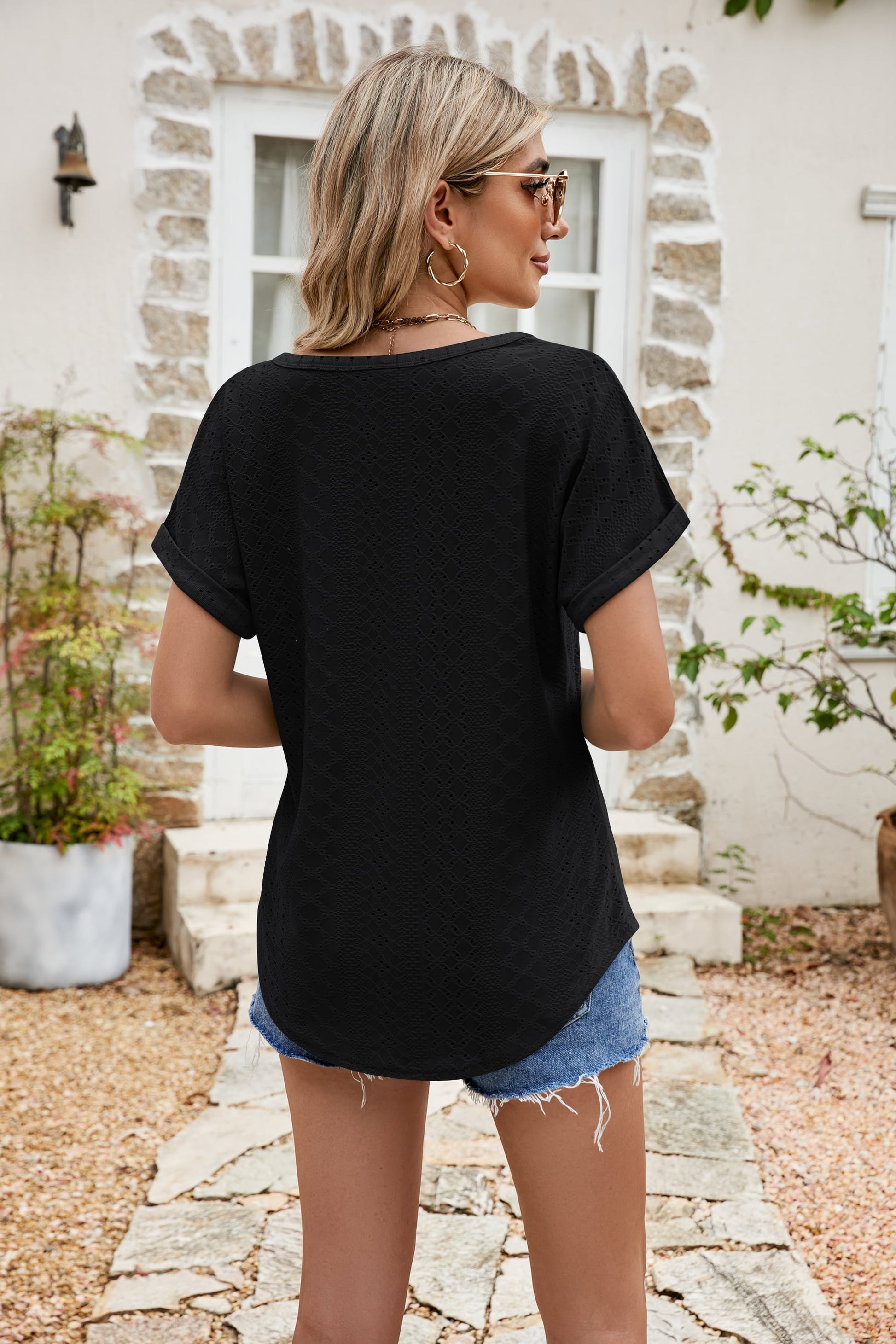 Full Size Round Neck Eyelet Short Sleeve Top - Classique Collection