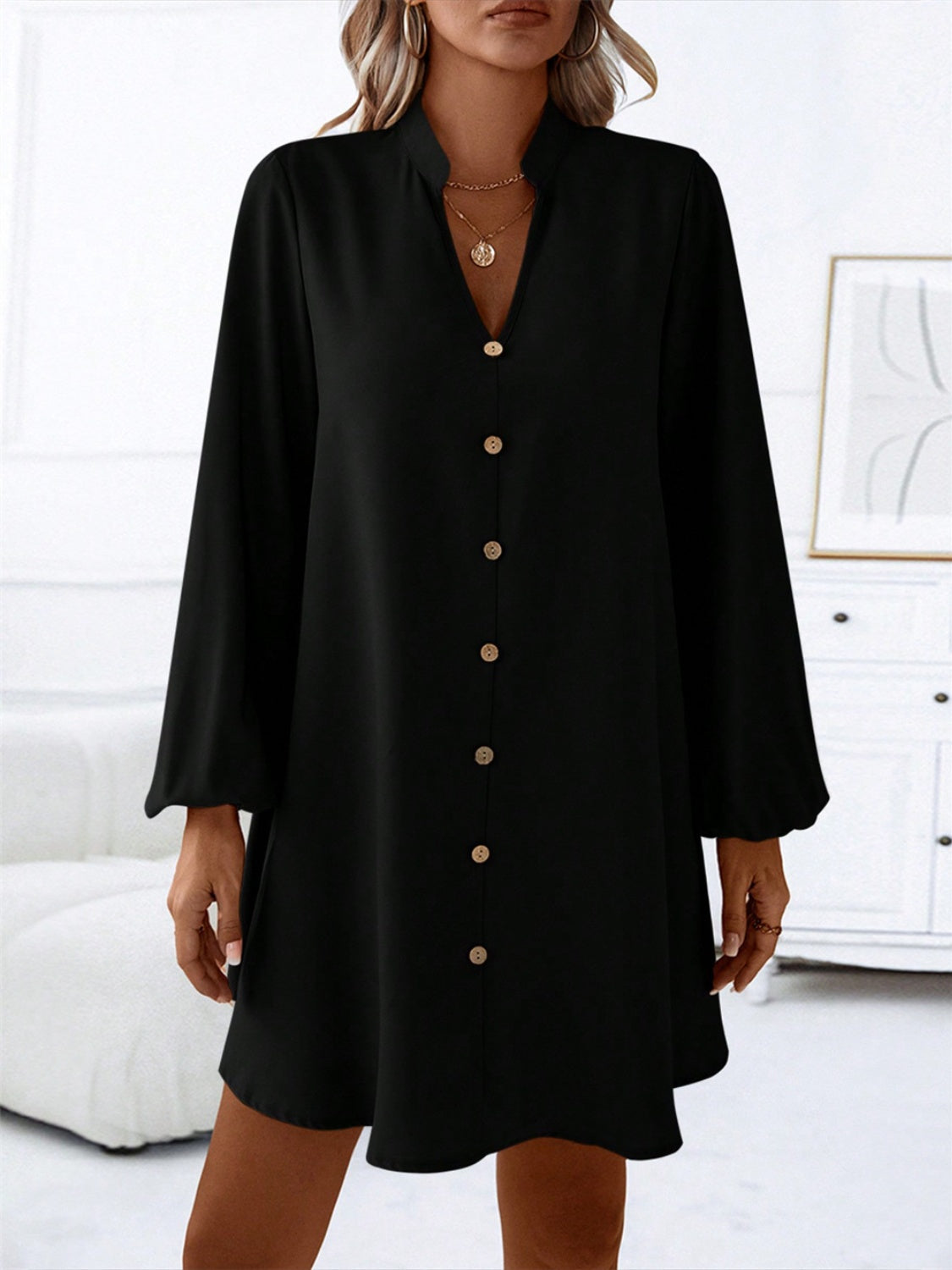 Notched Long Sleeve Mini Dress - Classique Collection