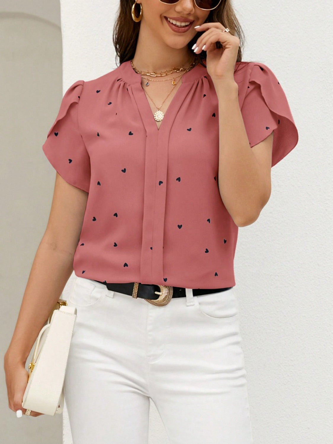Heart Print Notched Petal Sleeve Blouse - ClassiQ