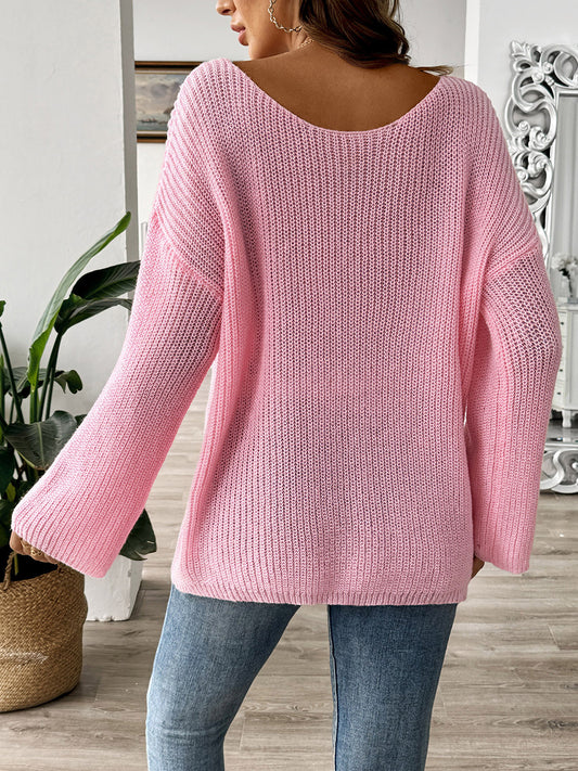 Bow Boat Neck Long Sleeve Sweater - ClassiQ