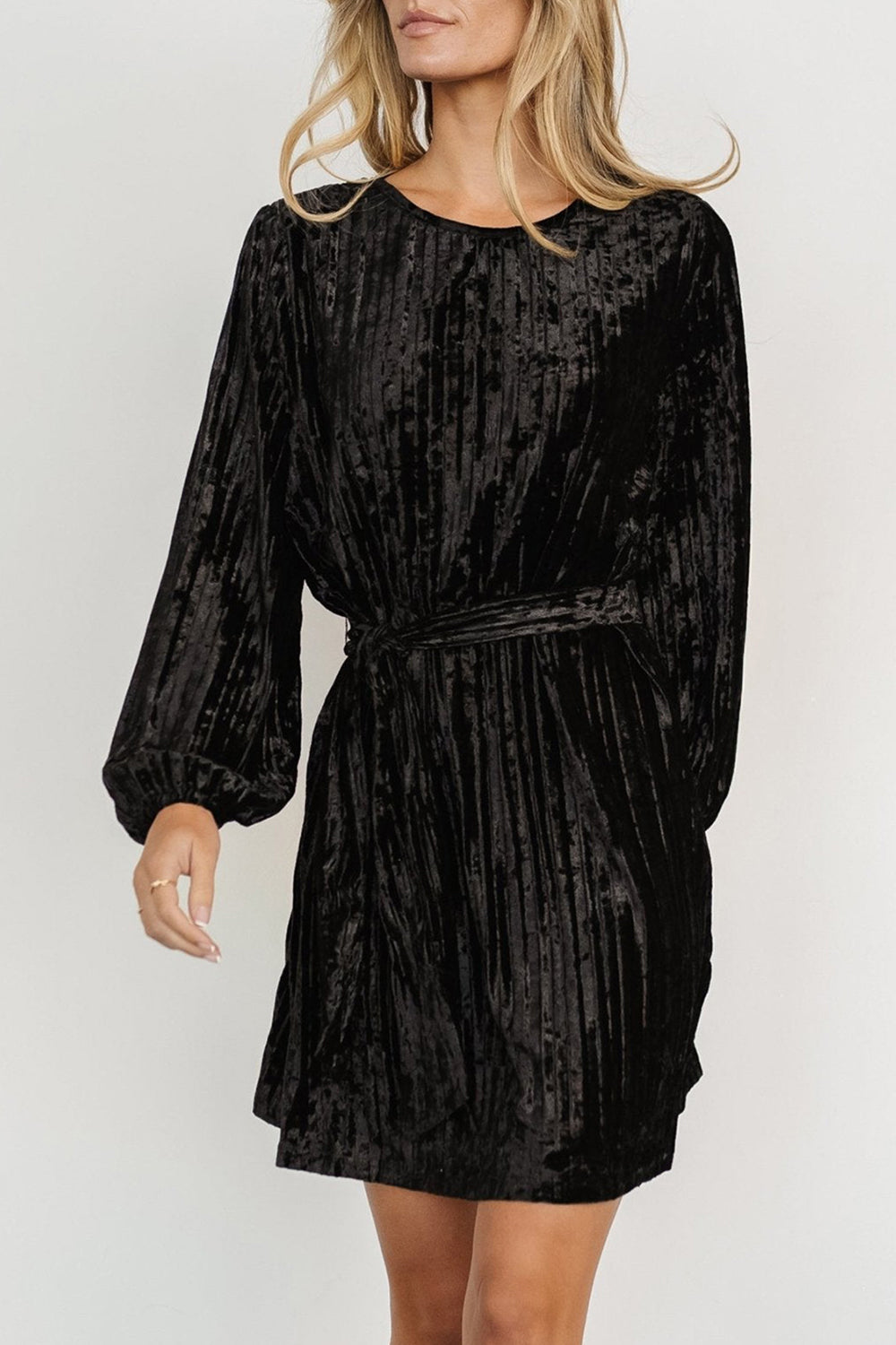 Velvet Round Neck Tie Waist Long Sleeve Mini Dress - Classique Collection