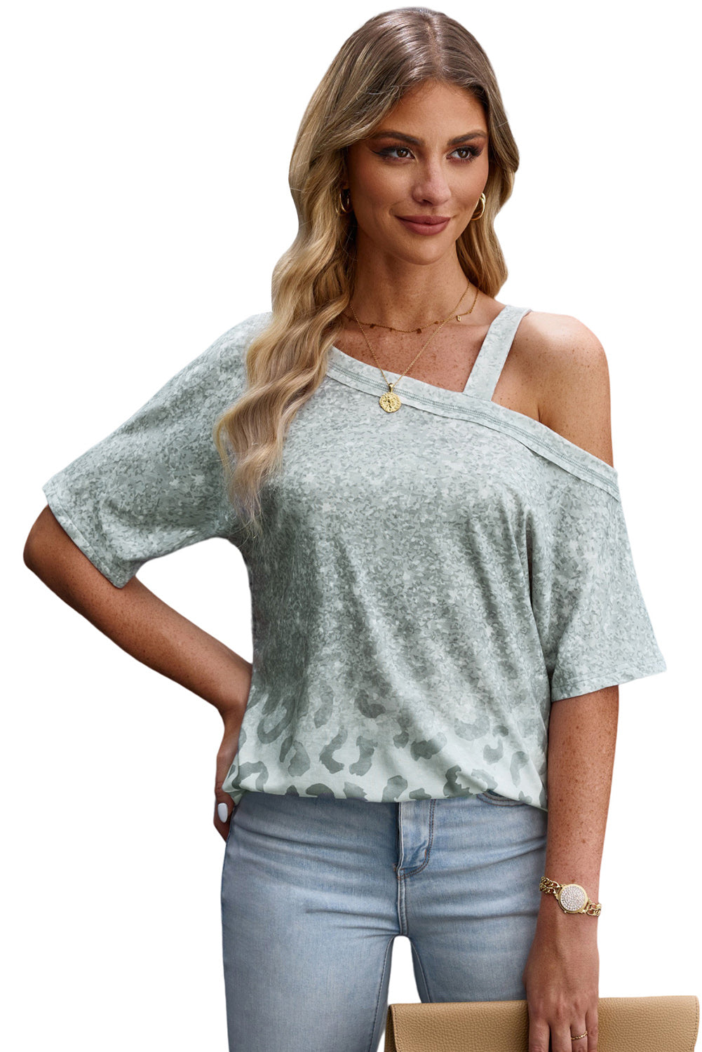 Leopard Asymmetrical Neck Cold-Shoulder Blouse - Classique Collection