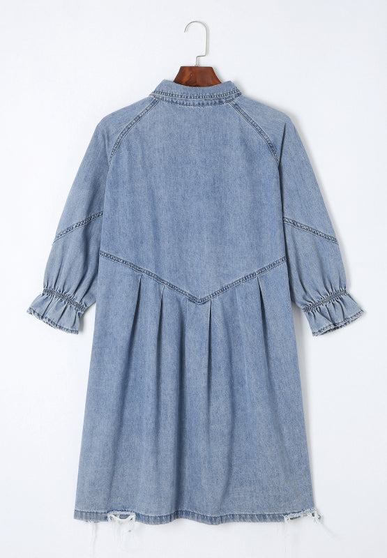 Distressed Collared Neck Flounce Sleeve Denim Dress - Classique Collection