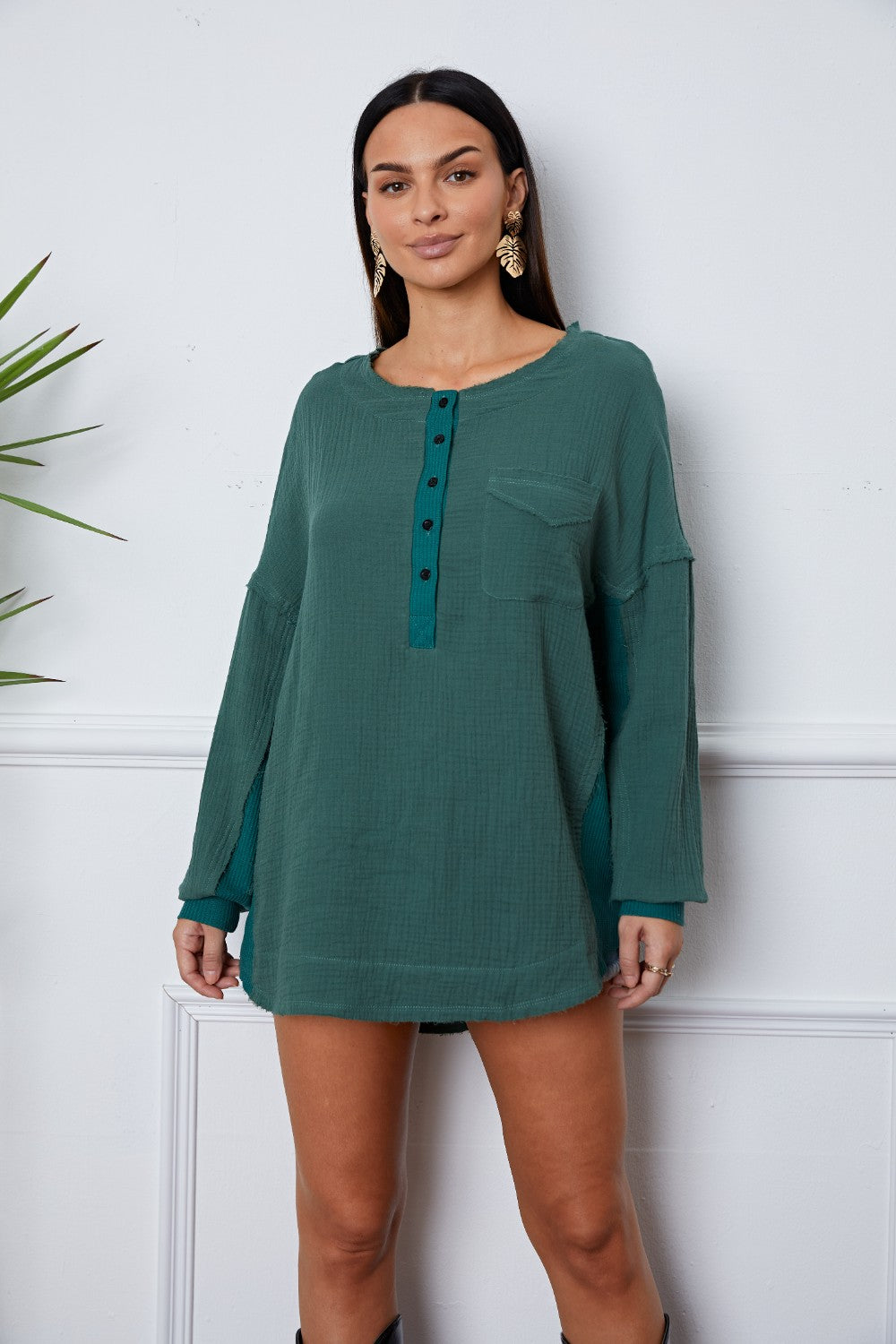 Half Button Up Round Neck Blouse - ClassiQ