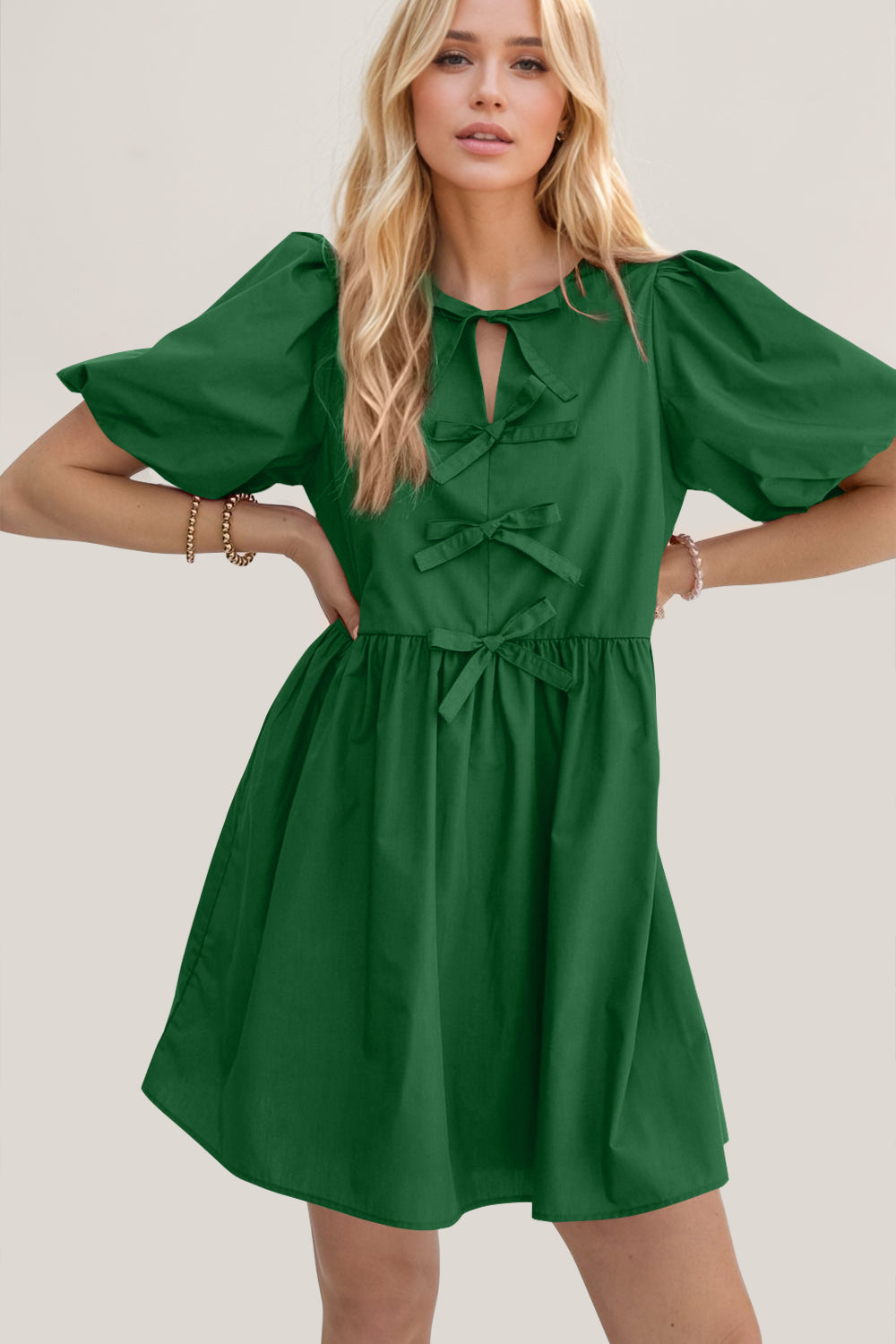 Oh Bow Ruched Puff Sleeve Mini Dress - Classique Collection