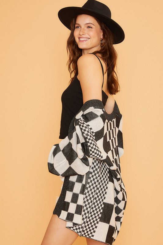 Annie Wear Checkered Open Front Drop Shoulder Cardigan - ClassiQ