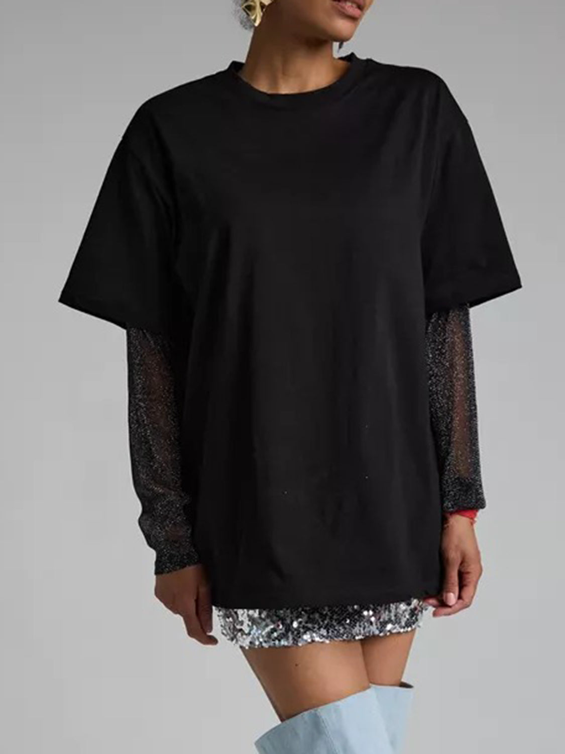 Faux Layered Round Neck Mesh Sleeve Top - Classique Collection