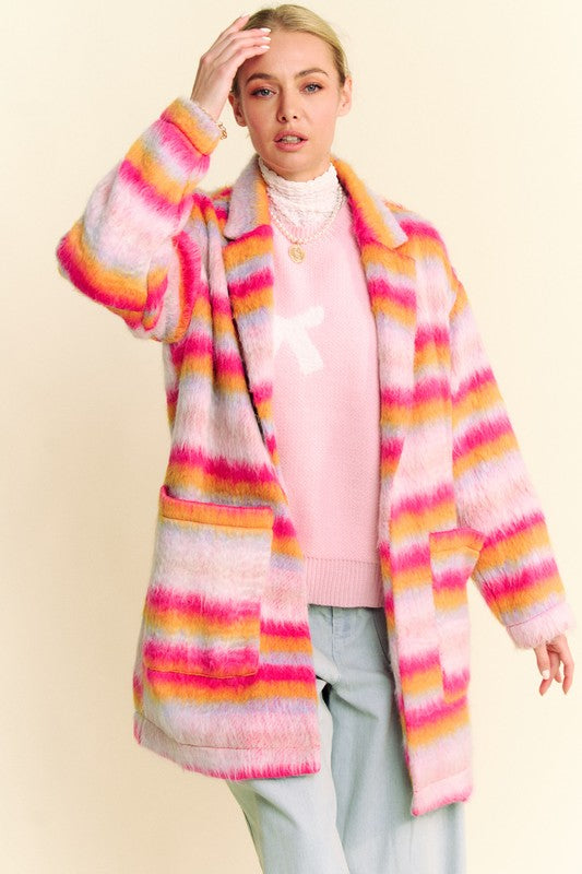 Davi & Dani Contrast Striped Open Front Coat with Pockets - Classique Collection