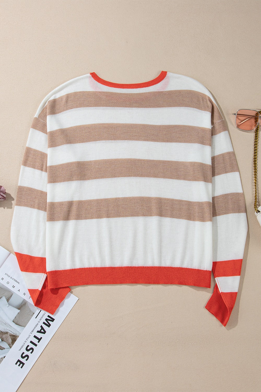 Contrast Striped Round Neck Drop Shoulder Knit Top - Classique Collection