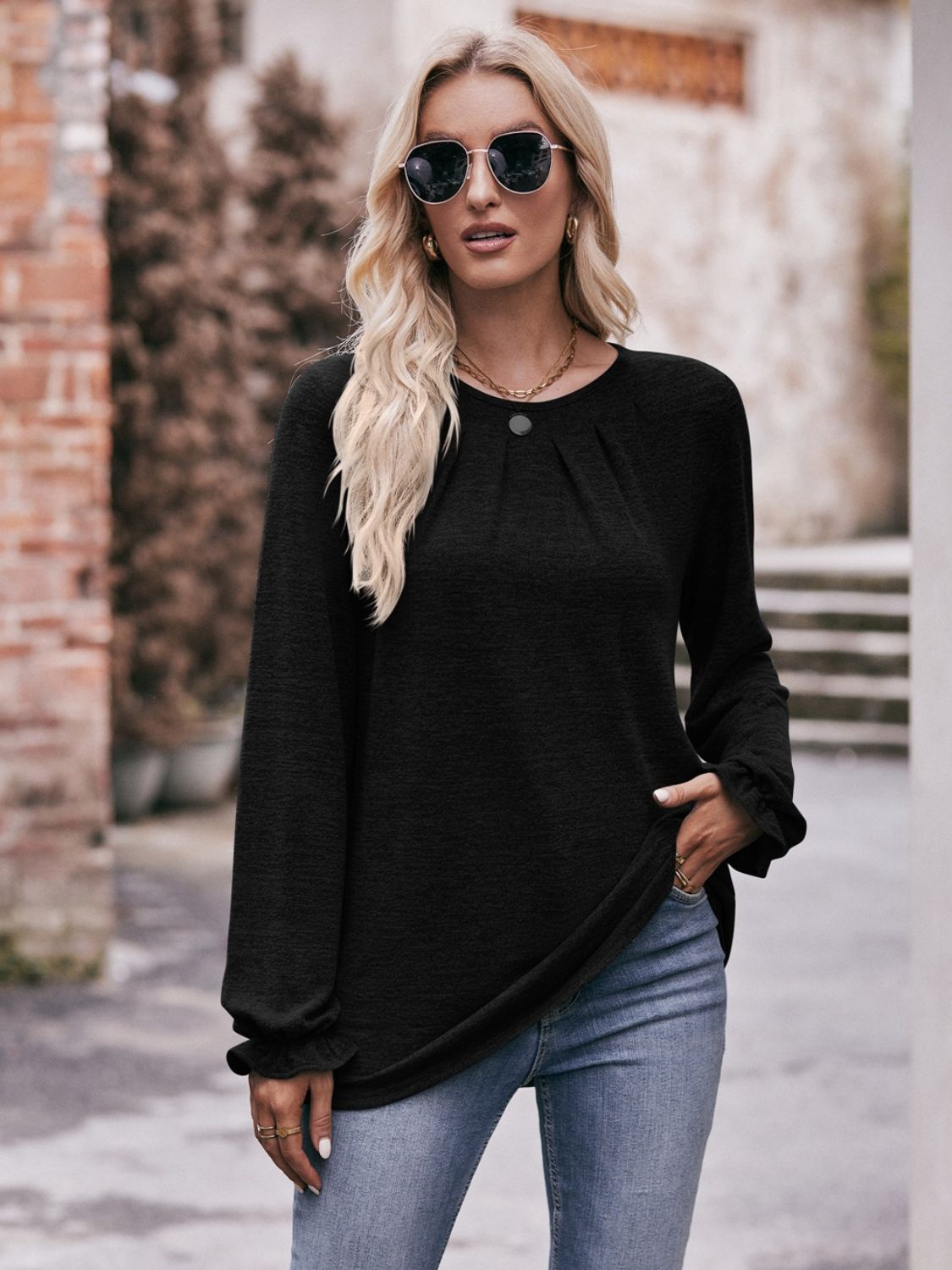 Mandy Long Flounce Sleeve Round Neck Blouse - Classique Collection