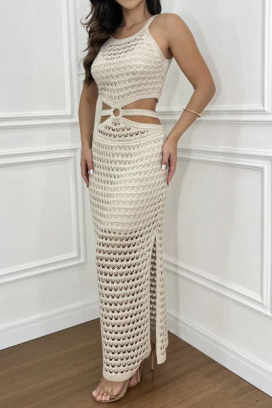 Cutout Slit Round Neck Sweater Dress - Classique Collection