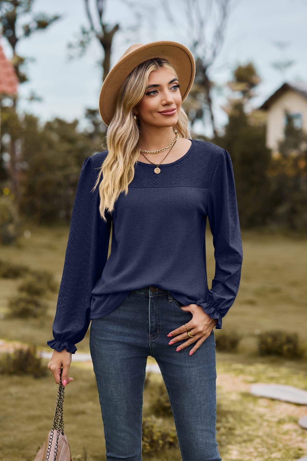 Round Neck Puff Sleeve Blouse - Classique Collection