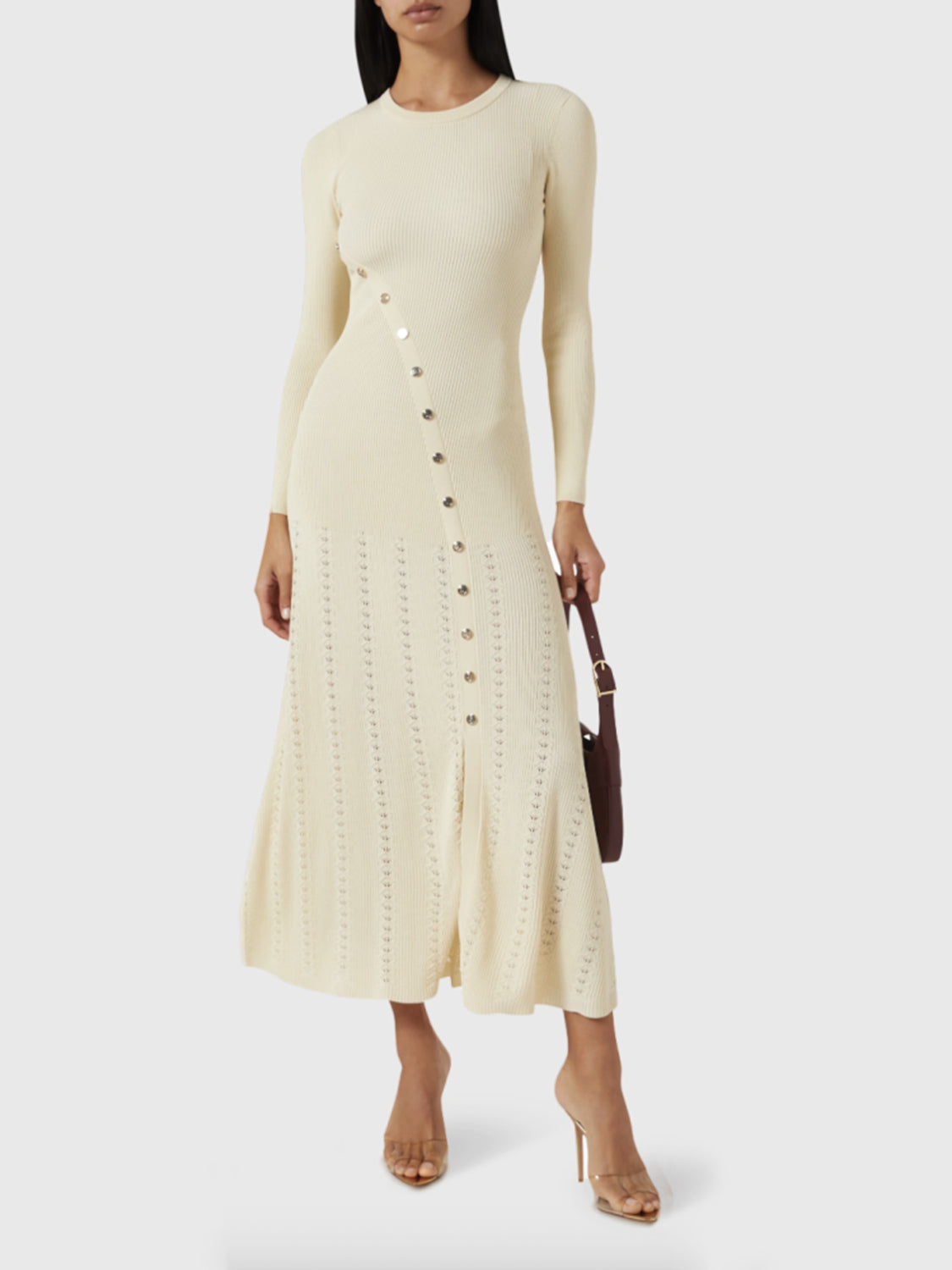 Openwork Round Neck Long Sleeve Sweater Dress - Classique Collection