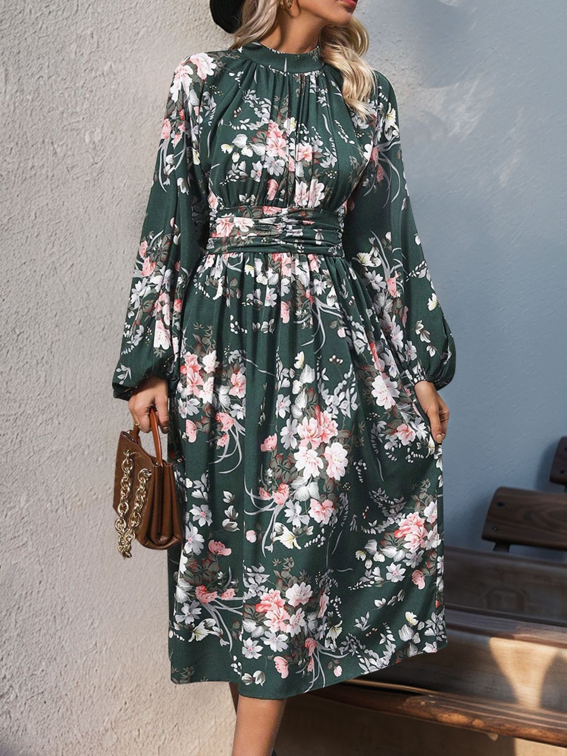 Perfee Ruched Printed Mock Neck Long Sleeve Midi Dress - Classique Collection