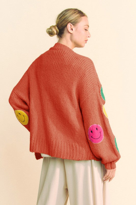Davi & Dani Fuzzy Smile Open Front Long Sleeve Cardigan - Classique Collection