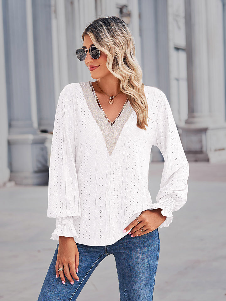 V-Neck Eyelet Flounce Sleeve Blouse - Classique Collection