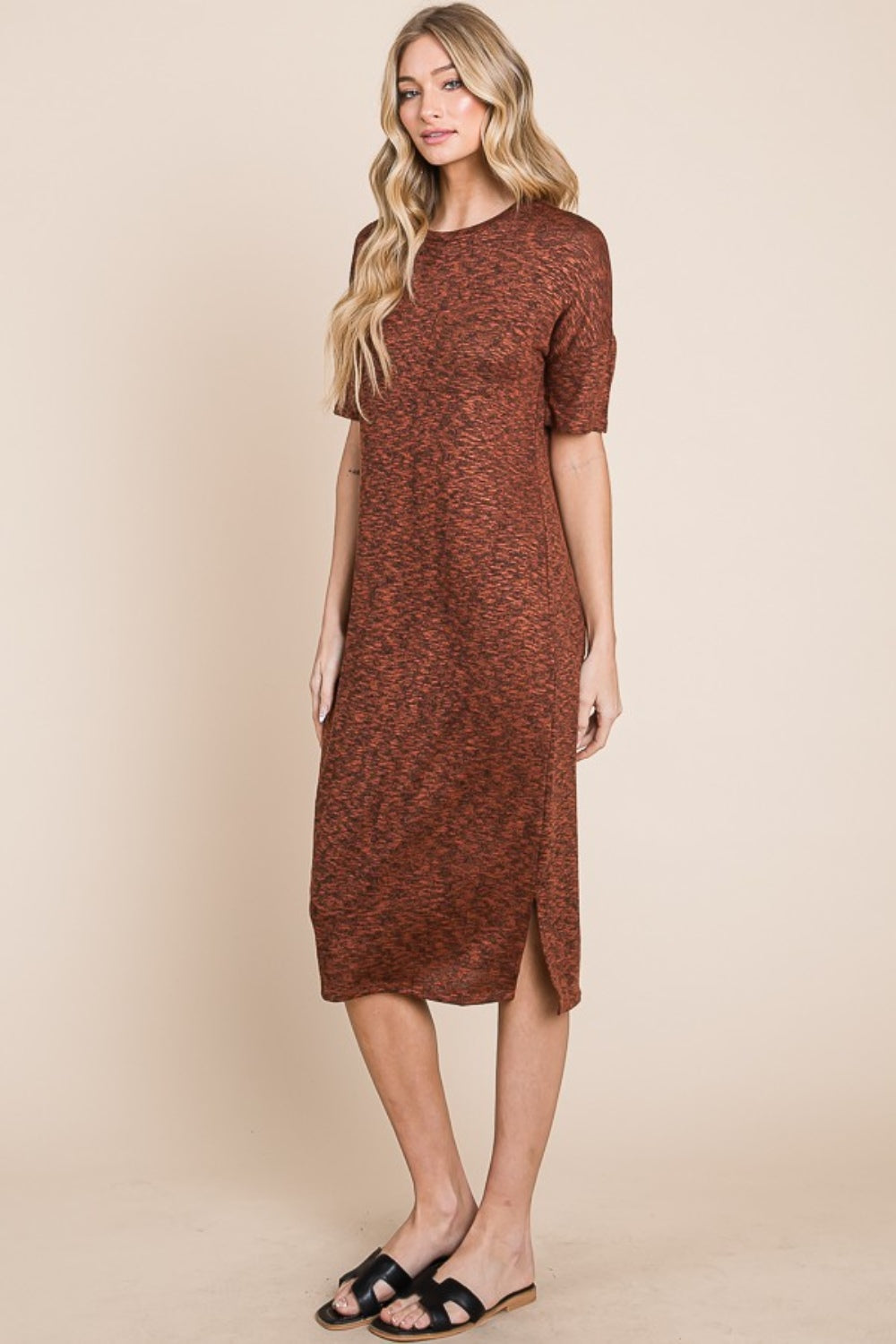 BOMBOM Round Neck Side Slit Midi Dress - Classique Collection